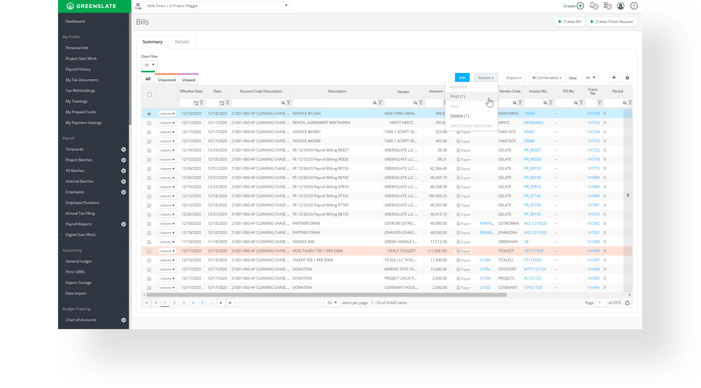 production accounts payable systems - bills dashboard