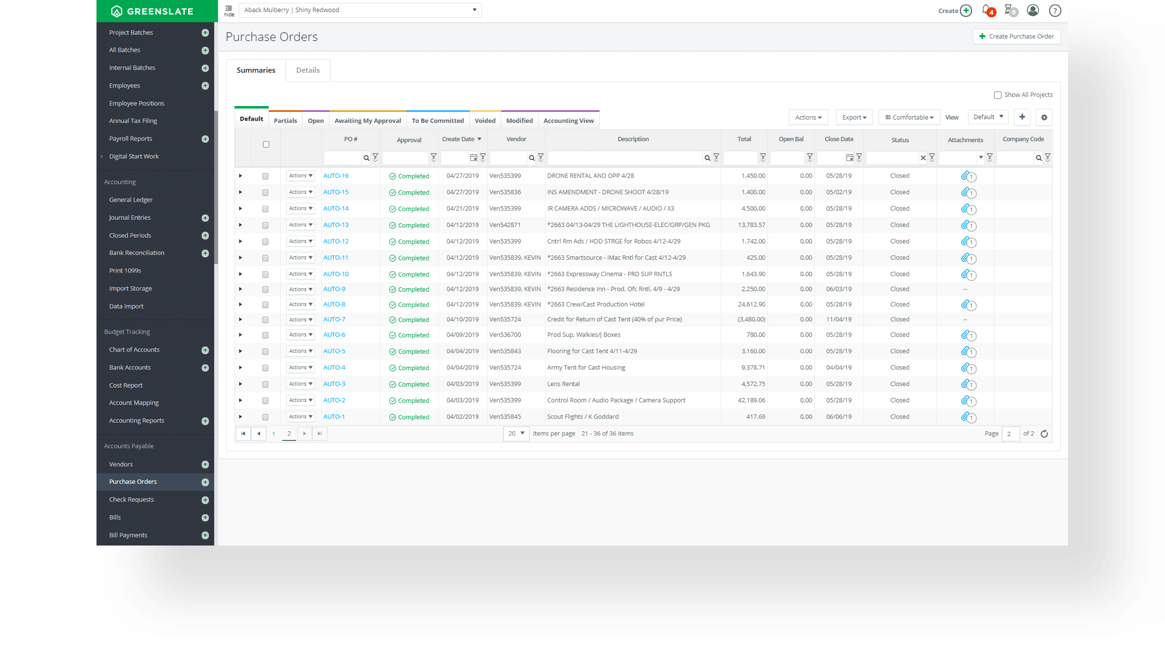 film and tv po system software - purchase order dashboard