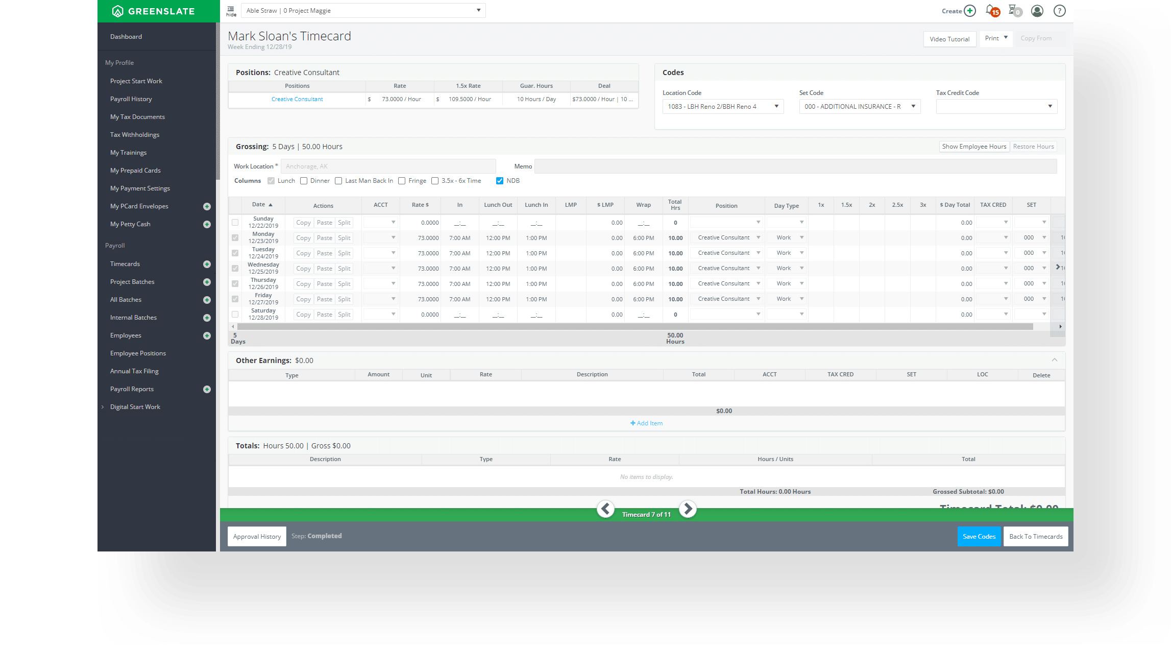 tv and film timecard software - employee dashboard